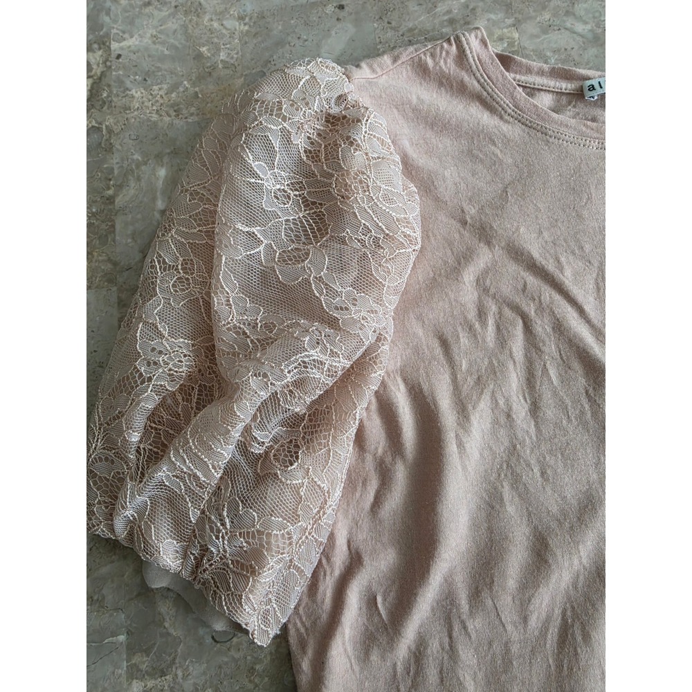 Alice + Olivia Pink Silk Lace Puff Sleeve Top Crew Neck Womens Small - Picture 10 of 15